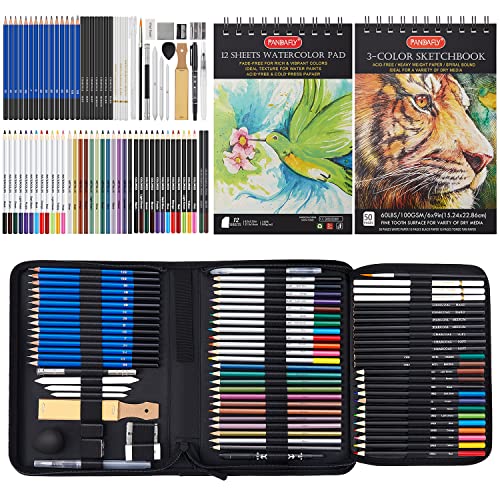 Prina 76-Piece Drawing Set - Sketching Kit With Graphite, Charcoal, Colored Pencils & 3-Color Sketchbook